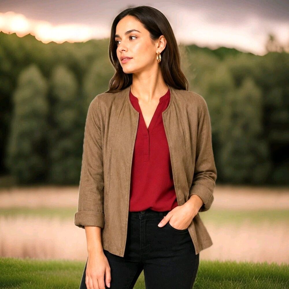 Coldwater Creek Sz 14 brown open-front lightweight blazer textured linen blend